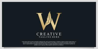 Golden letter W with unique feather combination logo design Premium Vector