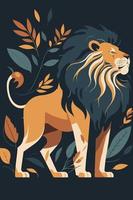 lion wild animal on leaf background, flat color vector illustration poster