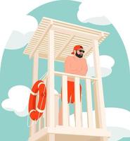 Beach lifeguard stands on the rescue tower against the background of clouds vector