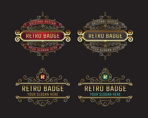Set of golden retro badges and labels, luxury vintage floral frame ornament for logo branding