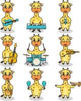ilustración vectorial de una linda jirafa tocando instrumentos musicales. conjunto de lindos personajes de jirafa. dibujos animados de animales tocan música. animales músicos. vector