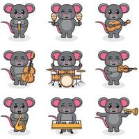 Vector Illustration of Cute Mouse playing music instruments. Set of cute Mouse characters. Cartoon animal play music. Animals musicians.