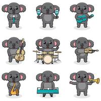 ilustración vectorial de lindo koala tocando instrumentos musicales. conjunto de lindos personajes de koala. dibujos animados de animales tocan música. animales músicos. vector