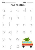 Worksheet with Christmas van. Trace lowercase letters of alphabet. vector