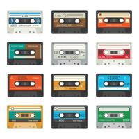 Set of retro cassettes. Various colored music tapes. Old technology, realistic retro design. Vector illustration.