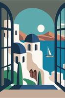 fondo de ilustración de color plano de vector de viaje de isla de santorini