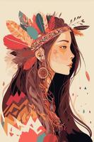 retrato de niña tribal india boho con plumas en el pelo y poncho tradicional
