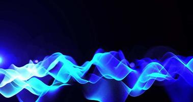 Abstract background blue wave from futuristic hi-tech waves dots pixel particles flying with glow effect light glare and background blur, screensaver, video in high quality 4k
