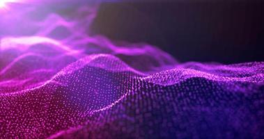 Futuristic abstract purple glowing wave lines from dots and particles of shining pixels magical energy glowing neon in sunbeams. Abstract background. Screensaver, video in high quality 4k