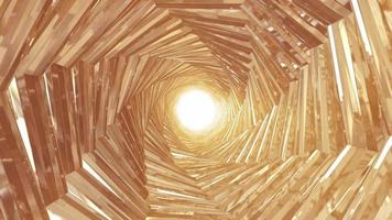 un túnel giratorio de metal dorado con paredes de costillas y líneas en forma de octágono con reflejos de rayos luminosos. fondo abstracto. video en alta calidad 4k, diseño de movimiento