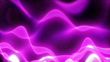 Abstract background of purple futuristic glowing waves from particles of points and lines of energy and magic on a black background. Screensaver video