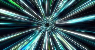 A tunnel flying at the speed of light from multi-colored blue and white moving light strips and energy beams. Abstract background, intro, video in high quality 4k