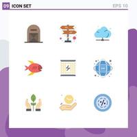 Mobile Interface Flat Color Set of 9 Pictograms of sea coast navigation beach server Editable Vector Design Elements