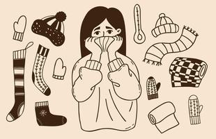 Winter doodle collection. Woman freezing wearing wrapped in warm sweater and shivering. next to knitted socks and stockings, hat, scarf, plaid and mittens. Vector isolate linear hand drawings.