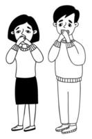 Man and woman in shock, frightened, emotional state. Vector drawings in doodle style. Isolated adult characters for psychological themes and panic attacks design.