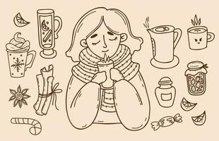 Cozy collection. Cute girl wrapped in scarf is warming herself and enjoying hot drink. Near kettle, cup, jam, mulled wine, cinnamon, caramel and lemon. Vector isolated linear doodles.
