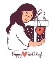 Postcard happy birthday. Cute woman with big gift box. Vector illustration in style doodle. Female holiday character for design.