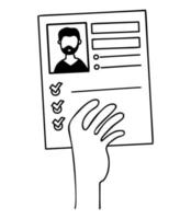 Resume of bearded man in his hand. Vector illustration in doodle style. Job search concept, document, job seeker questionnaire.