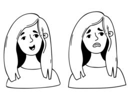 Sad depressive and joyful girl. Female portraits in cartoon doodle style. Vector linear hand drawing. Female emotional character portrait for use as icons, avatars for social networks, design.