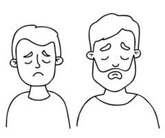 Sad male portraits faces of father and son. Vector Outline drawings. Isolated linear faces avatars for design.