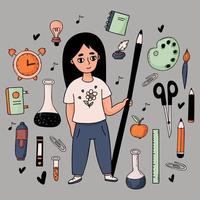 Collection back to school. Cute girl schoolgirl with pencil, school subjects, stationery, art paints and alarm clock. Vector illustration. Isolated hand colored doodles for design educational themes.