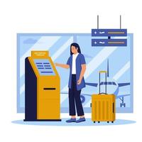 auto check-in de la mujer en la máquina automática en la terminal del aeropuerto. ilustración para sitio web, página de destino, aplicación móvil, afiche y pancarta. ilustración de vector plano de moda