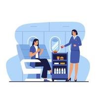 Flight attendants serve passengers on the plane. Illustration for website, landing page, mobile app, poster and banner. Trendy flat vector illustration