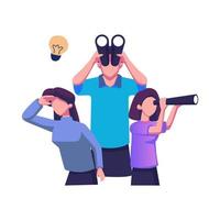 Bad business team fail to search ideas. People with silly behaviour complicating work, ignoring, dont notice obvious solution to problem. Flat vector concept illustration isolated on white