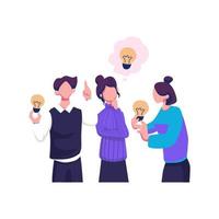 Brainstorm, idea discussion concept. Business team finding solution, thinking, sharing offers, lightbulbs. Creativity, creation process. Flat graphic vector illustration isolated on white background