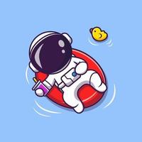 Lindo verano de astronauta flotando en la playa con ilustración de icono de vector de dibujos animados de globo. concepto de icono de verano de ciencia vector premium aislado. estilo de dibujos animados plana