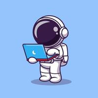 lindo astronauta trabajando en la ilustración del icono del vector de dibujos animados de la computadora portátil. ciencia tecnología icono concepto aislado vector premium. estilo de dibujos animados plana