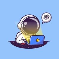 lindo astronauta trabajando en la ilustración del icono del vector de dibujos animados de la computadora portátil. ciencia tecnología icono concepto aislado vector premium. estilo de dibujos animados plana