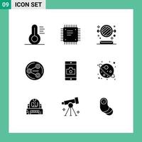 Group of 9 Solid Glyphs Signs and Symbols for mobile media bathroom social share Editable Vector Design Elements