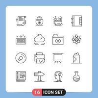 Group of 16 Modern Outlines Set for iot barcode lock phone contacts Editable Vector Design Elements