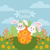 Cute vector image of an Easter bunny square card template. Can be used in social media, invitation, postcard, online advertising and banner design.