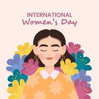 día Internacional de la Mujer. encantadoras chicas felices en flores. ilustración de vector plano colorido para banner, tarjeta, postal, invitación, volante.