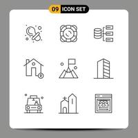 Pack of 9 Modern Outlines Signs and Symbols for Web Print Media such as flag location data house buildings Editable Vector Design Elements