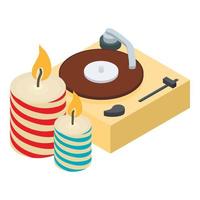 Retro party icon isometric vector. Vintage music gramophone and two aroma candle vector