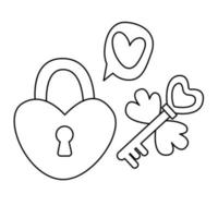 Simple hand drawn heart shaped lock, key with wings. vector