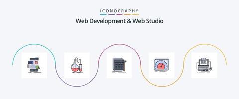 Web Development And Web Studio Line Filled Flat 5 Icon Pack Including speed. dashboard. research. wireframe. web vector