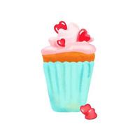 cupcake decorado con corazones y crema, hecho con pinceles de acuarela, para una postal, pancarta, felicitaciones vector