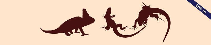 Set of lizard, salamader, gecko sillhouette on light brown background. Top view. Vector illustration