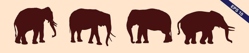 Set of editable vector silhouettes of African elephants in various poses