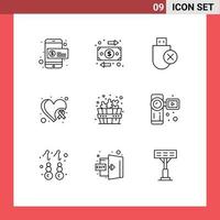 Editable Vector Line Pack of 9 Simple Outlines of bathhouse heart computers cancer stick Editable Vector Design Elements