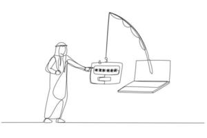 el dibujo de un hombre de negocios árabe con tarjeta de crédito casi es estafado por enviar el concepto de contraseña de phishing. estilo de arte de línea continua única vector