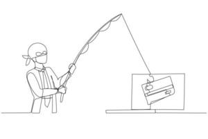 Cartoon of businessman as cyber thief hacker try to get credit card concept of phishing. One line art style vector