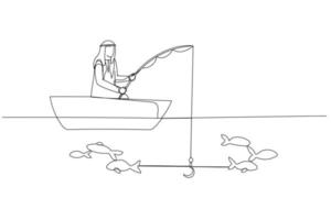 Drawing of arab businessman try to get fish but not getting one concept of unsuccessful. Single continuous line art vector