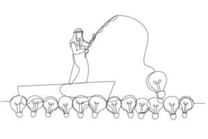 Drawing of arab businessman fishing lightbulb idea. Single line art style vector