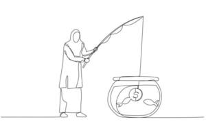 Drawing of muslim woman try to hook and catch with coin bait. Single continuous line art style vector