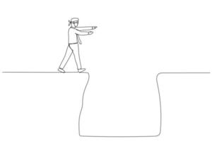 Cartoon of blindfolded businessman walking into deep hole concept of uncertainty in business. One line art style vector